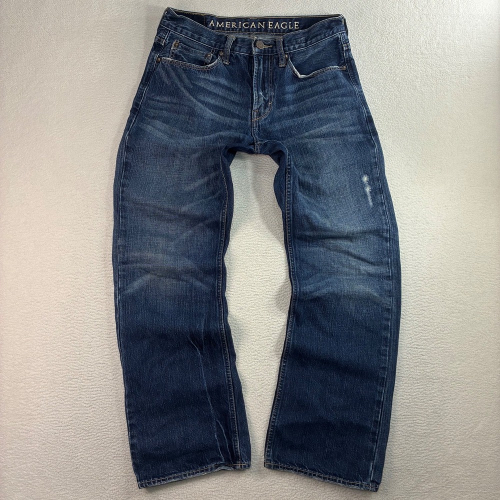 American Eagle Bootcut Jeans Men 31x32 Blue Whiskered Faded Original Classic Low